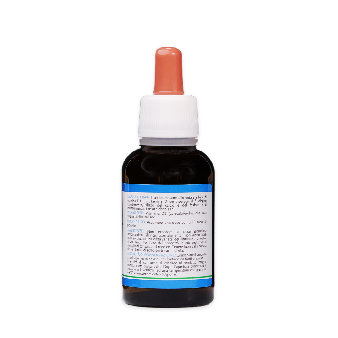 50% di Sconto SCADENZA A BREVE - Savana D3 Raw - VITAMINA D - 240.000 UI a flacone in Olio Extravergine di Oliva BIO